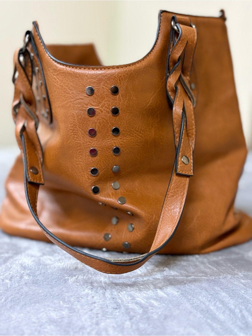 Classic Studded Tote Bag in Cognac Brown